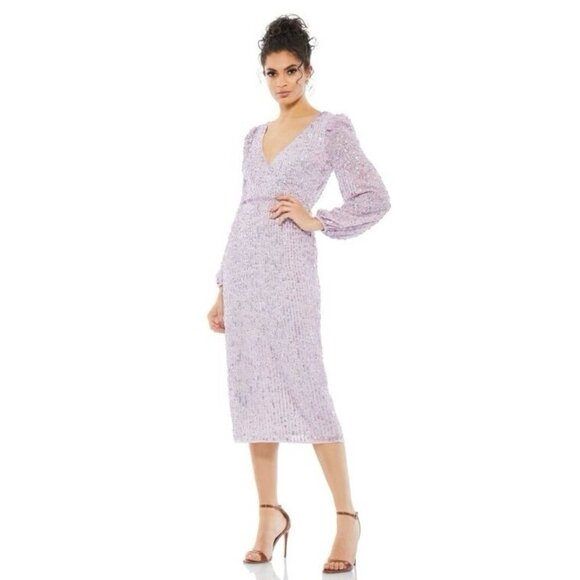 Mac Duggal Size 8 Purple 107641 Sequined Puff Sleeve V Neck Midi Cocktail Dress - Picture 1 of 12